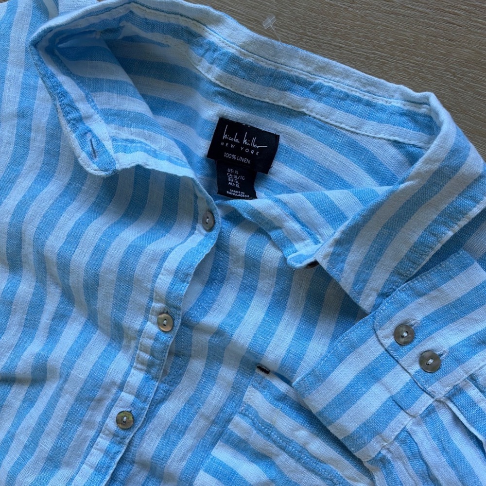 Nicole Miller New York Blue White Striped 100% Linen Button Down Shirt size XL